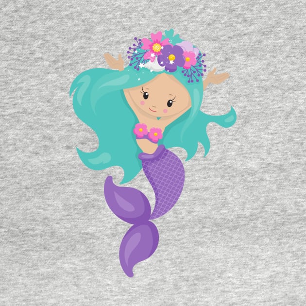 Cute Mermaid, Little Mermaid, Blue Hair, Flowers by Jelena Dunčević
